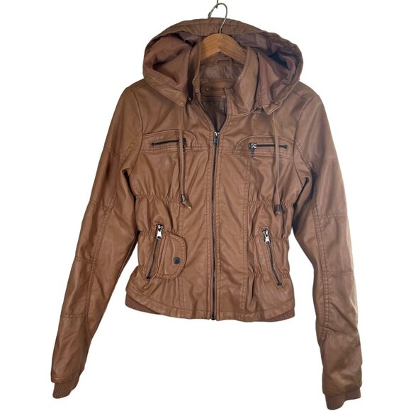 VTG Miss Posh Womens Size L Camel Vegan Faux Leather Zip Jacket Detachable Hood - Picture 5 of 13